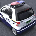 Small White And Blue Police Car With Roof Mounted Lights And License Plate