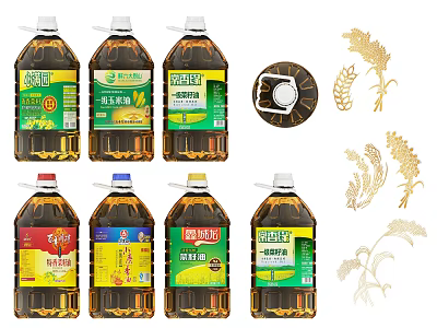 Various Brand Cooking Oil Bottles With Golden Wheat Ears In Kitchen Storage 3d model