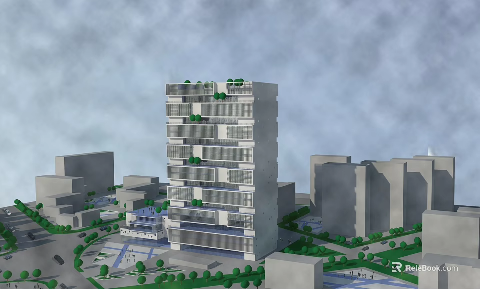 Modern High Rise Architectural Design With Glass Facade Greenery And Urban Surroundings 3d model 