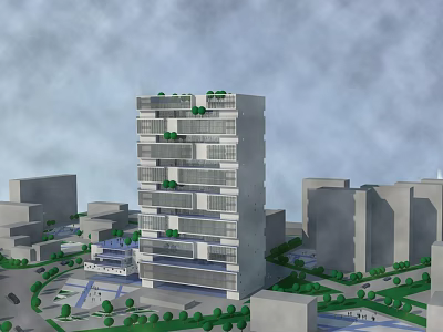 Modern High Rise Architectural Design With Glass Facade Greenery And Urban Surroundings 3d model