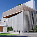 Modern Urban Building With Unique Geometric Design Surrounded By Trees And Pedestrians