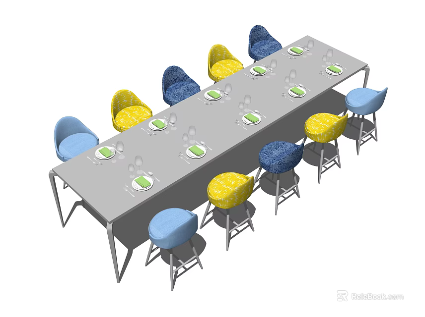 Modern Rectangular Dining Table Set With Blue Yellow Chairs And Plates 3d model