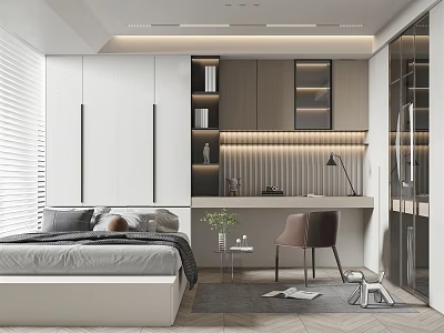 Modern Tatami Bedroom Interior Design With Bed Desk And Bookshelves 3d model