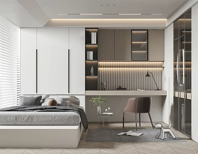 Modern Tatami Bedroom Interior Design With Bed Desk And Bookshelves 3d model