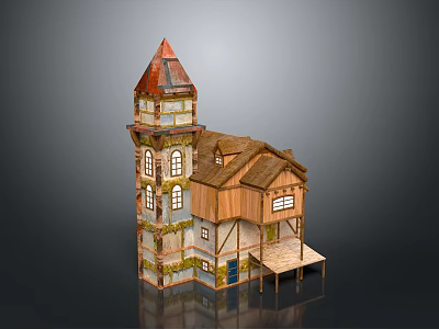 Multi Story Wooden House With Red Steeple Tower And Vines Covered Veranda 3d model