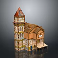 Multi Story Wooden House With Red Steeple Tower And Vines Covered Veranda