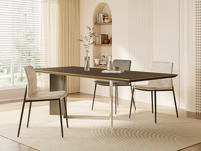 Modern Black Dining Table Set With Gold Trim And Beige Chairs In Light Filled Room 3d model