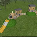 Outdoor Playground Equipment with Yellow Slide and Wooden Train Carriages on Green Grass with Trees