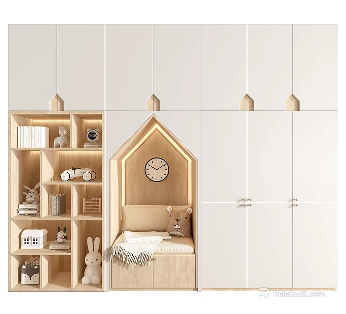 Modern Decorative Cabinet With House Shaped Nook Wooden Shelves And Stuffed Toys 3d model 