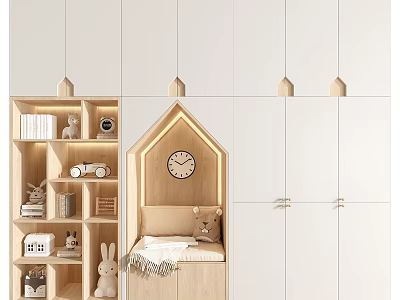 Modern Decorative Cabinet With House Shaped Nook Wooden Shelves And Stuffed Toys 3d model