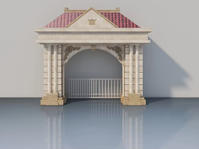 Elegant Classical Swing Door Entrance With Red Tile Roof And White Stone Columns 3d model