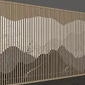 Wooden Slatted Sofa Background Wall With Landscape Pattern And Lighting
