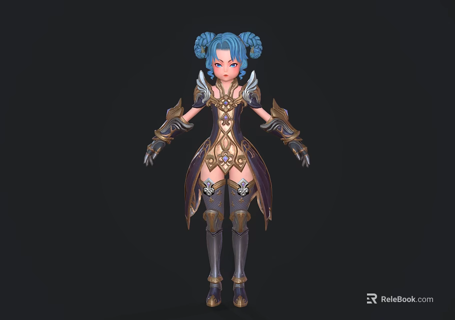 Fantasy Woman Character With Blue Pigtails Ornate Gold Purple Armor And Wing Decorations 3d model 