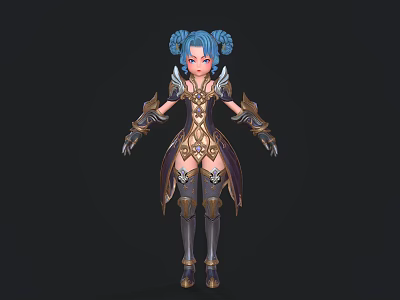 Fantasy Woman Character With Blue Pigtails Ornate Gold Purple Armor And Wing Decorations 3d model