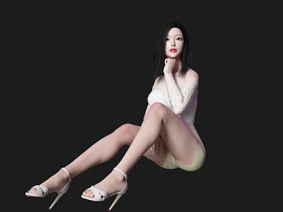Elegant Woman in White Bodysuit and White High Heels Sitting on Black Background 3d model