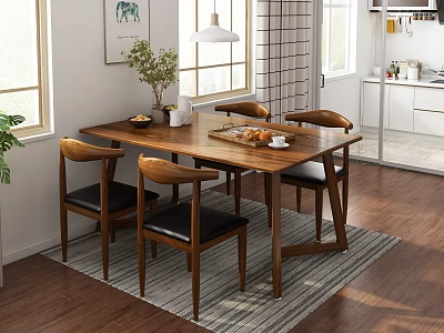 Cozy Restaurant Dining Area With Wooden Table Four Chairs Potted Plant And Natural Light 3d model
