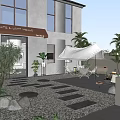 Tranquil Garden Landscape With White Building Stone Slabs Pebbles Palm Trees And Outdoor Furniture
