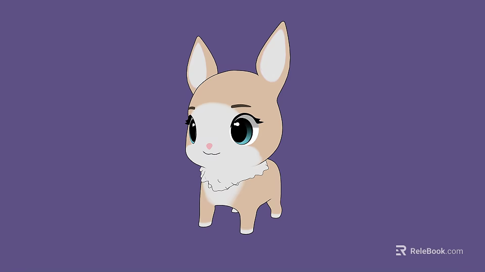 Cute Cartoon Animal With Big Ears Large Eyes Light Brown White Fur Purple Background Illustration 3d model 
