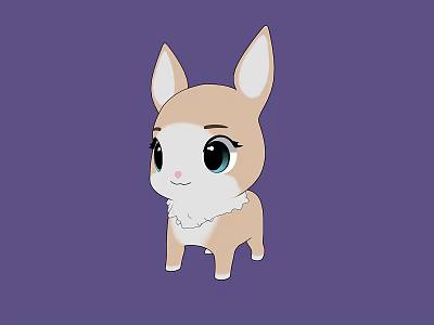 Cute Cartoon Animal With Big Ears Large Eyes Light Brown White Fur Purple Background Illustration 3d model