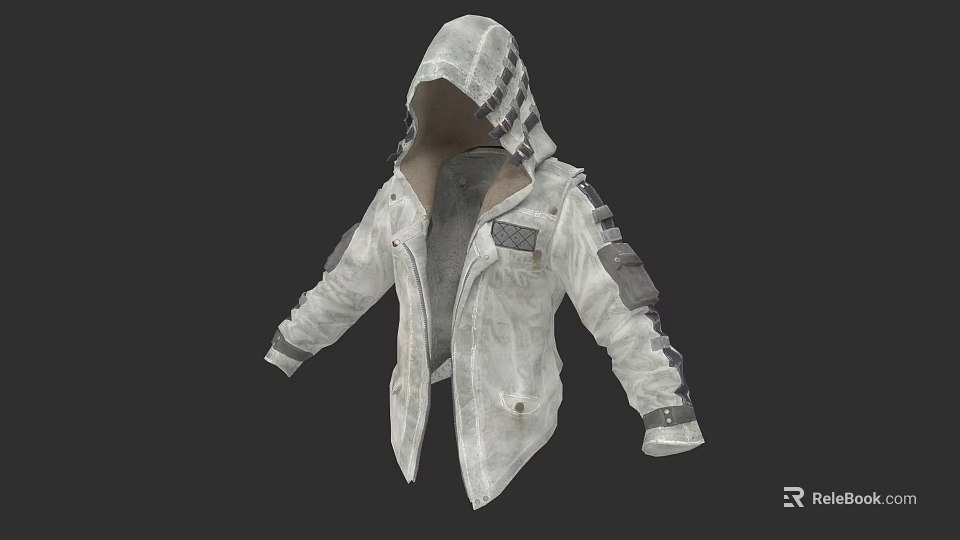 White Lightweight Hooded Jacket With Patched Sleeves Multiple Pockets Casual Design 3d model 