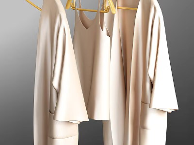 Soft Neutral Toned Loose Clothes With Light Beige Tops And Coats Hanging On Gold Hangers 3d model