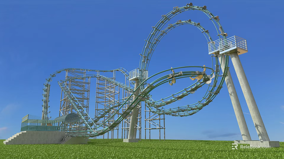 Amusement Park Roller Coaster with Green Tracks and Steel Structure under Blue Sky Green Grass 3d model 