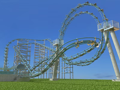 Amusement Park Roller Coaster with Green Tracks and Steel Structure under Blue Sky Green Grass 3d model
