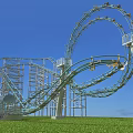 Amusement Park Roller Coaster with Green Tracks and Steel Structure under Blue Sky Green Grass