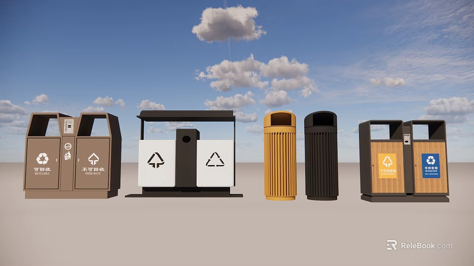 Public Facilities With Various Types of Trash Bins for Waste Disposal 3d model 
