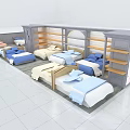 Modern Bedroom Furniture Store Display With Various Beds And Stylish Display Shelves