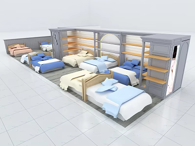 Modern Bedroom Furniture Store Display With Various Beds And Stylish Display Shelves 3d model