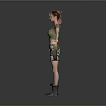 Woman In Green Cropped Top And Camouflage Shorts With Black Boots Arms Outstretched Gray Background