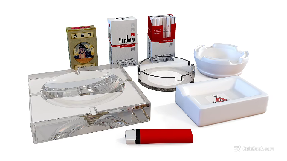 Daily Living Items Featuring Cigarettes Ashtrays And Lighter 3d model 