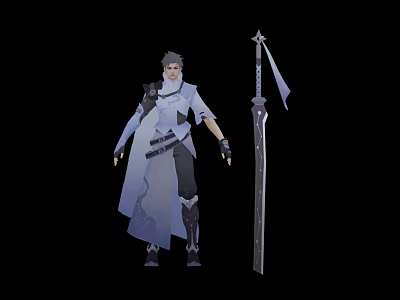 Gray Haired Character Wearing White Gray Outfit With Sword Sheath And Long Decorated Sword 3d model