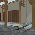 Traditional Homestay Building With Black Tile Roof Surrounding Trees Stone Path And Courtyard