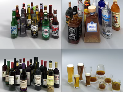 Assorted Wine Bottles and Glasses Display with Various Alcohol Beverage Types 3d model