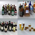 Assorted Wine Bottles and Glasses Display with Various Alcohol Beverage Types 3d model