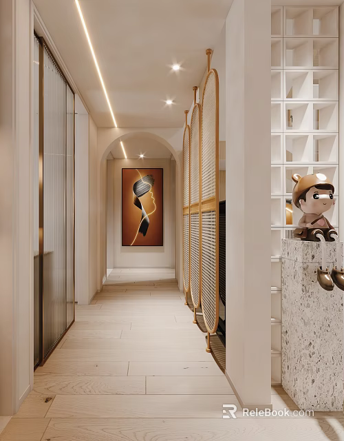 Modern Luxury Elevator Corridor With Artwork Lighting And Golden Accents 3d model