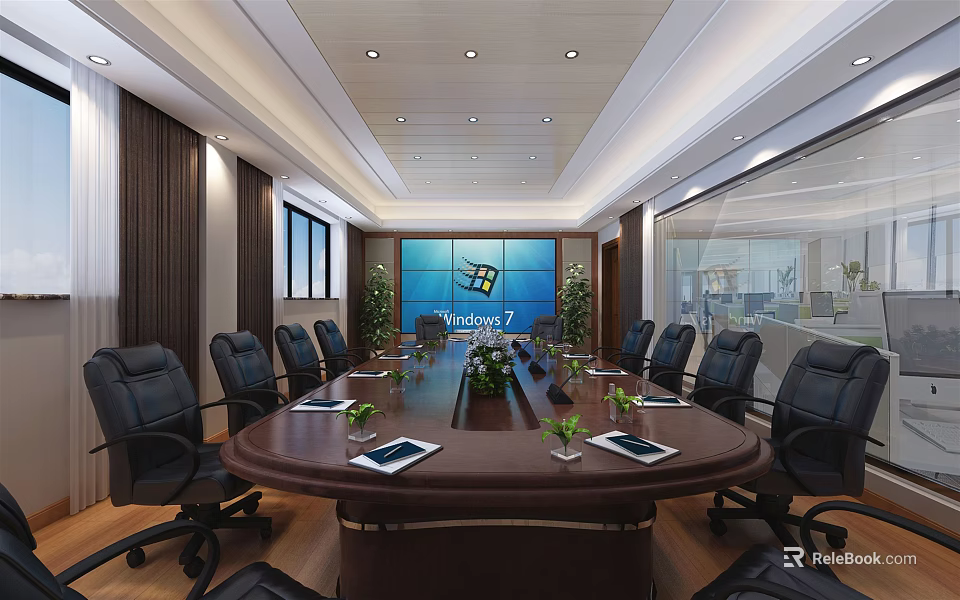 Modern Conference Room With Round Table Black Office Chairs Tablets Plants And Large Microsoft Screen 3d model 