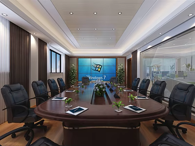 Modern Conference Room With Round Table Black Office Chairs Tablets Plants And Large Microsoft Screen 3d model