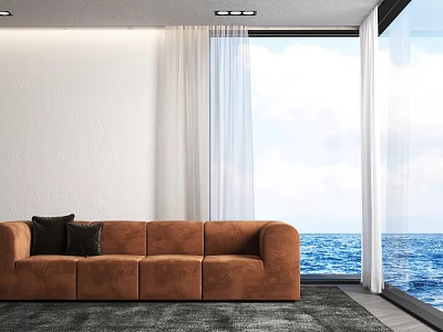 Brown Sectional Sofa in Modern Living Room with Ocean View White Curtains and Dark Carpet 3d model