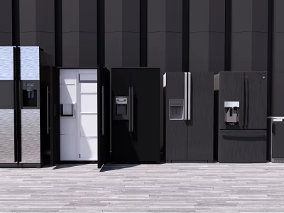 Modern Refrigerators With Various Door Styles Black White Colors And Water Dispenser Features 3d model