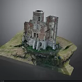 Ruined Red Brick Building 3D Model With Collapsed Walls Grass And Scattered Bricks