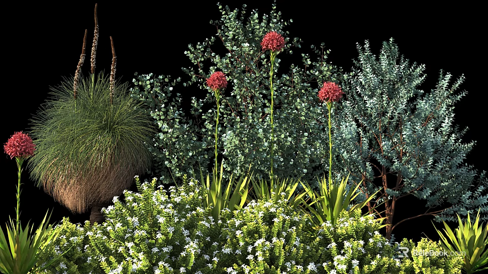 Various Landscaping Shrubs With Red Flowers Dense Green Leaves And Surrounding Grasses 3d model 