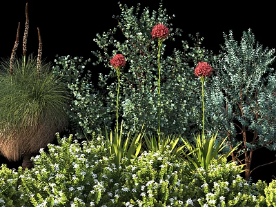 Various Landscaping Shrubs With Red Flowers Dense Green Leaves And Surrounding Grasses 3d model