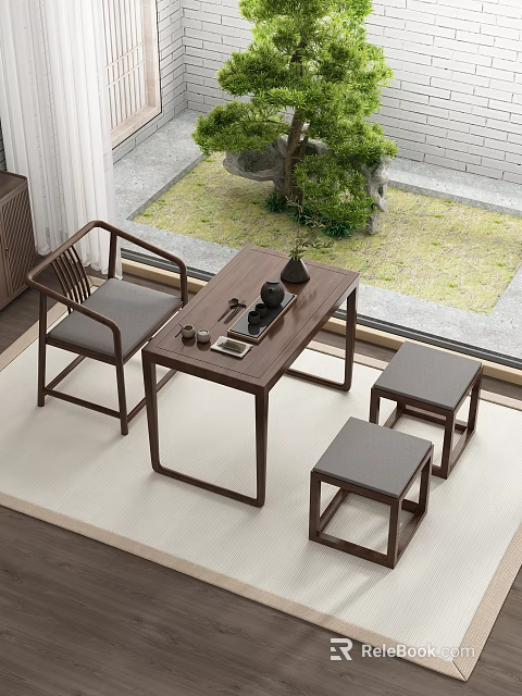 Chinese Style Solid Wood Tea Table And Chairs With Tea Set Near Window Courtyard 3d model 