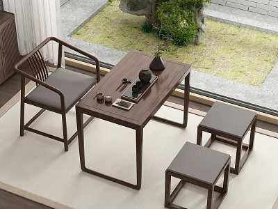 Chinese Style Solid Wood Tea Table And Chairs With Tea Set Near Window Courtyard 3d model
