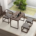 Chinese Style Solid Wood Tea Table And Chairs With Tea Set Near Window Courtyard