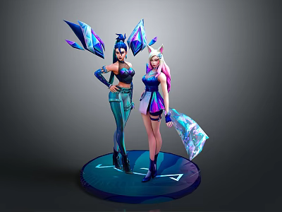 Game Movie Characters With Blue Wings Unique Outfits And Crystal Weapons Standing On Blue Base 3d model