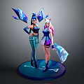 Game Movie Characters With Blue Wings Unique Outfits And Crystal Weapons Standing On Blue Base